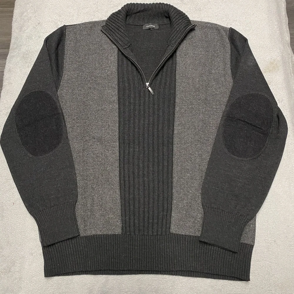 Codice Wool Sweater Mens 54 / XL Black Gray Herringbone 1/4 Zip‎ Pullover Italy